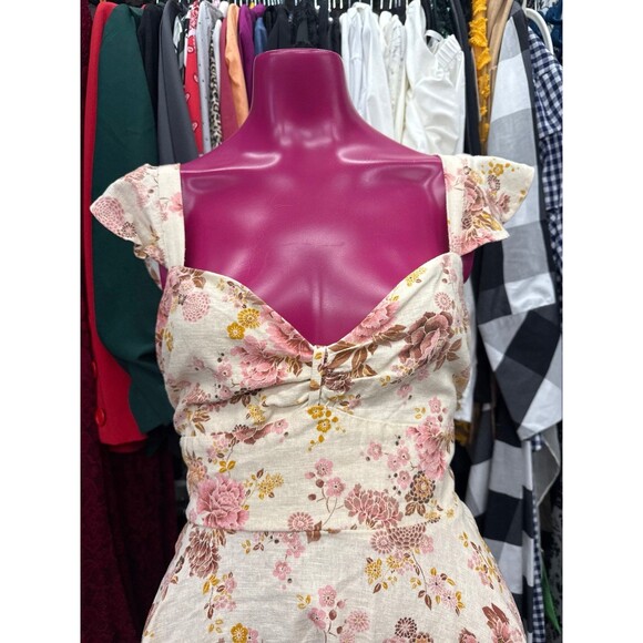 F21 Floral Linen Mini Sundress with Ruffle Trap Sleeves and Bow Tie Back size XL - Picture 2 of 8
